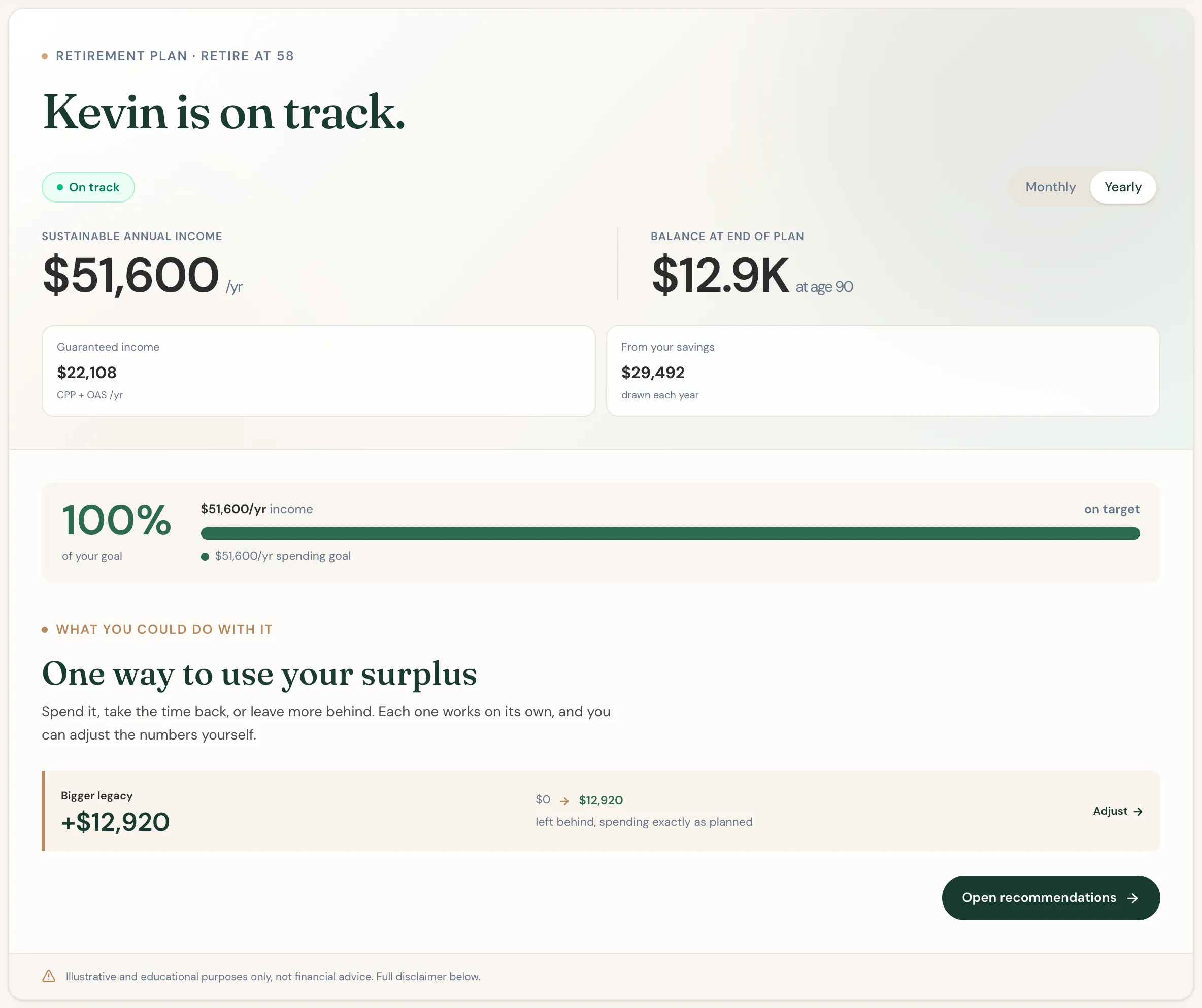 Scenario Lab+'s overview of Kevin's plan: on track, with $12,920 left at 90.