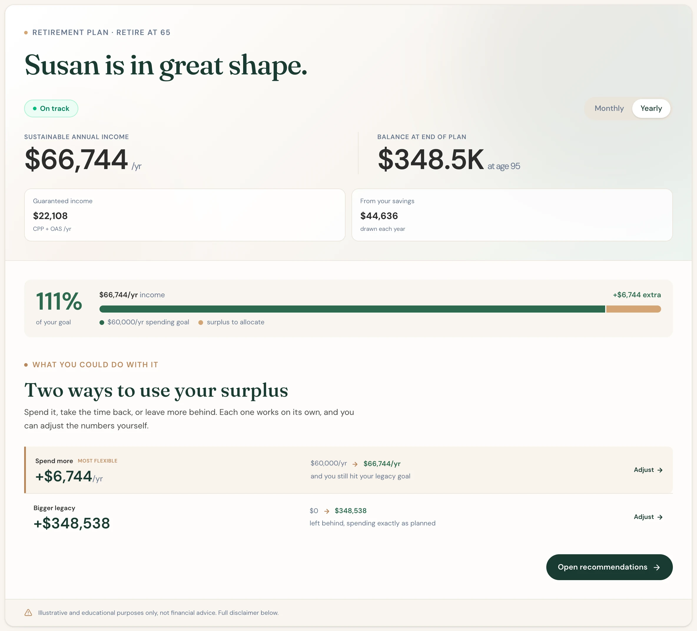 Scenario Lab+'s overview of Susan's plan: on track, with $22,108 a year of guaranteed income from CPP and OAS and $348,538 left at 95.